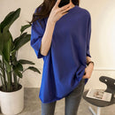 Summer Half Sleeve Long T-shirt Candy Color Loose Women Tops (Dark Blue M)