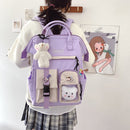 Preppy Style Contrast Color Large Backpack Women Travel Knapsack with Bear Badge