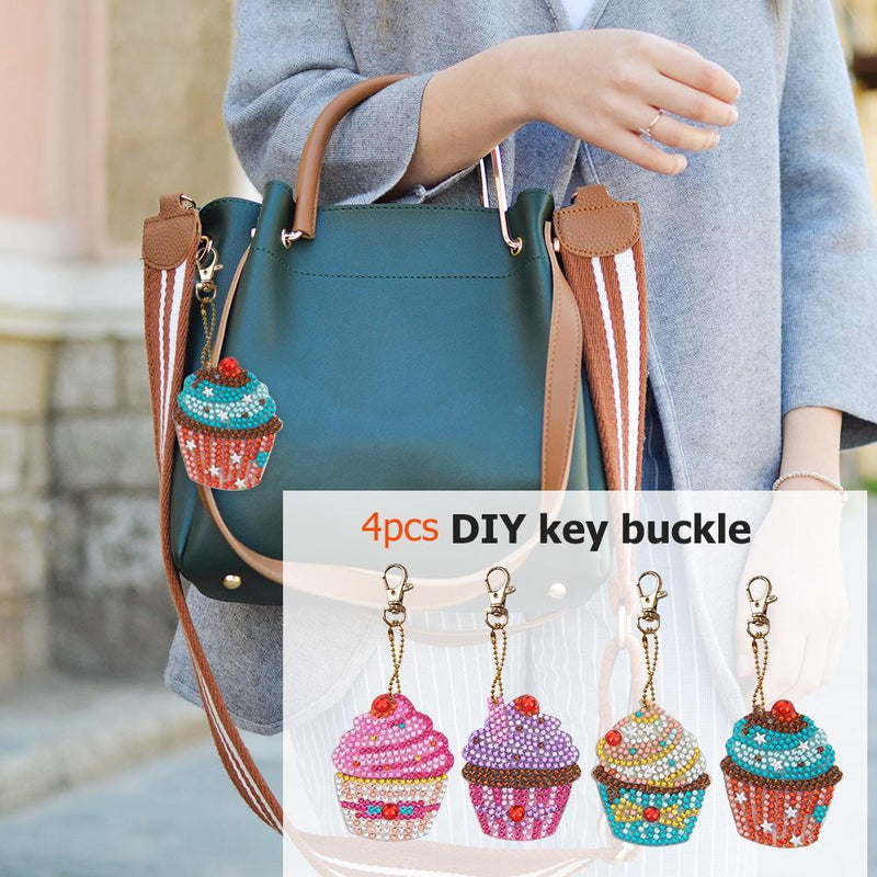4pcs DIY Full Drill Special Shaped Diamond Painting Women Bag Cupcake Keychain