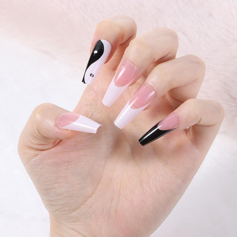 with Taichi Design Long Coffin False Nail Tips White and Black Mixed Colors