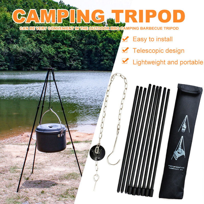 Camping Tripod Hanging Pot Campfire Cookware Pot Grill Hook Holder (Black) Newly