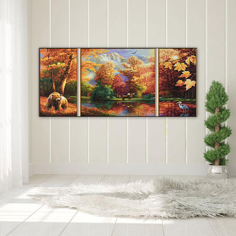 3 Panels Fall Forest Animals Oil Paint By Numbers Kits DIY Handpainted on Canvas