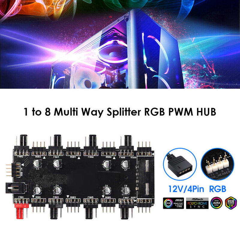 1 To 8 Multi Way Splitter RGB PWM HUB 12V/4 Pin for Fan Motherboard (4D) Newly