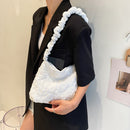 Retro Women Pleated Shoulder Tote Bag Casual Large Capacity Handbag (White)