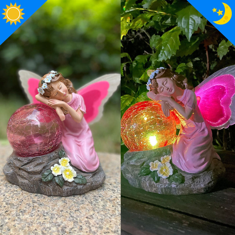Garden Fairy Statue Waterproof Outdoor Sculpture with Solar Lights (Red) Newly