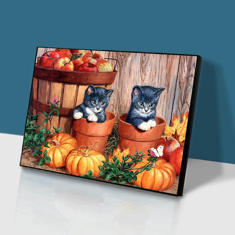 5D DIY Diamond Painting Full Round Cats and Pumpkin Mosaic Rhinestone Picture
