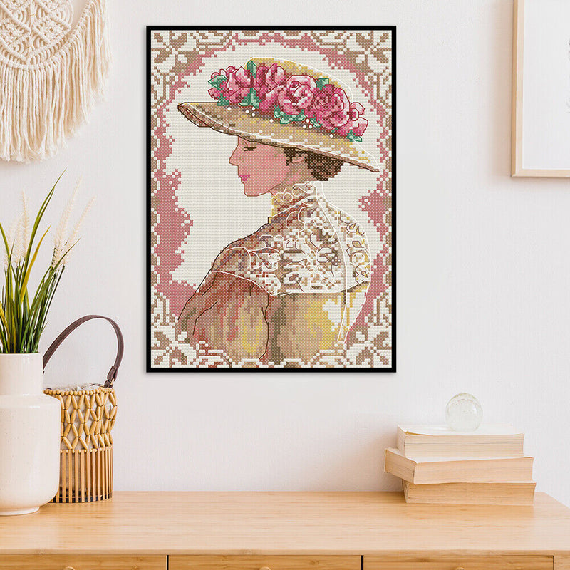 14CT Full Cross Stitch Elegant Lady Stamped DIY Cotton Thread Printed Needlework