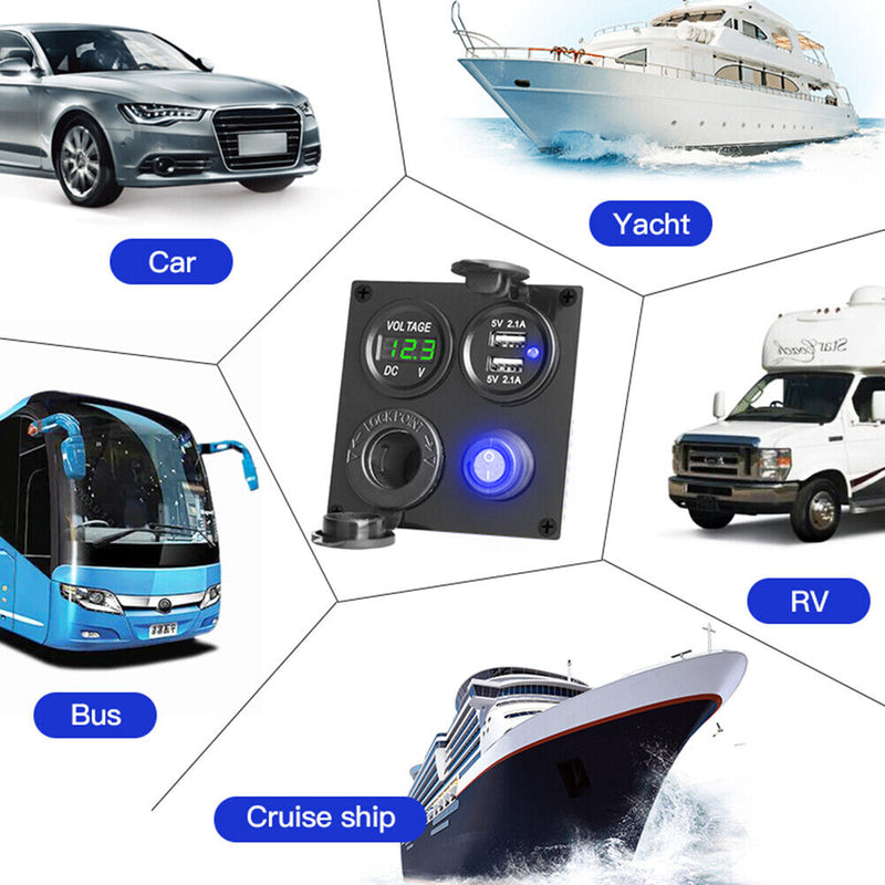 4 in 1 Switch Panel Voltmeter Dual USB Waterproof Switches for Car Marine Boat