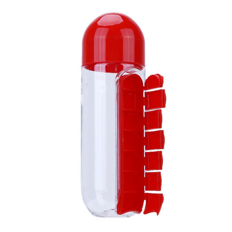 600ML Plastic 2 In 1 Combine Daily Pill Box Drinking Bottles Cups(Red)