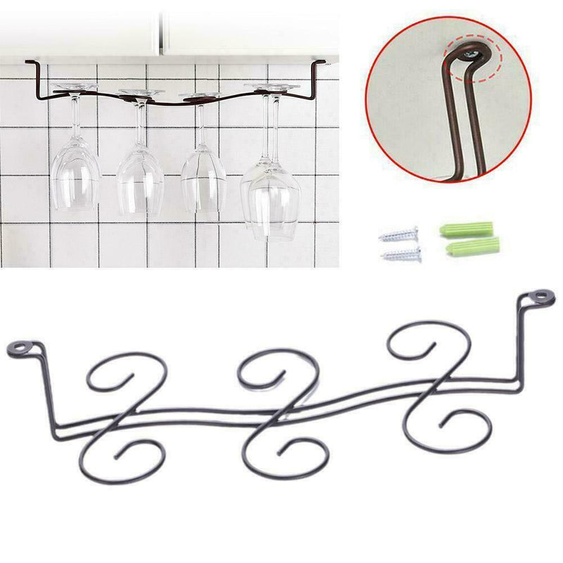 Iron Under Shelf Cupboard Hanging Metal Wine Glasses Holder Rack Bar U9A0