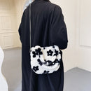 Fashion Women Flower Print Plush Shoulder Bag Winter Chain Handbags (White)