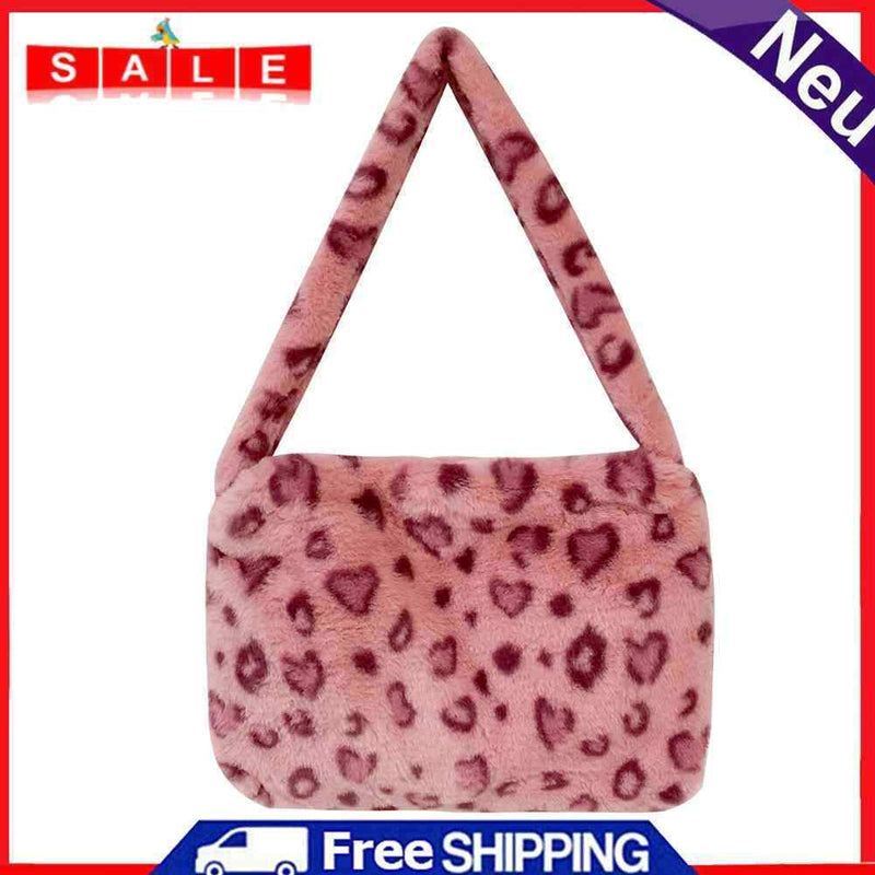 Women Leopard Plush Underarm Bags Winter Fluffy Handbags Ladies Party Clutches