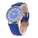 Women Lovely Flowers Printed Leather Belt Quartz Strap Student Watch(Blue)