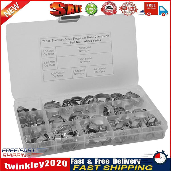 70pcs 7 Sizes Stainless Steel Single Ear Hose Clamps Fuel Air Pipe O Clips Newly
