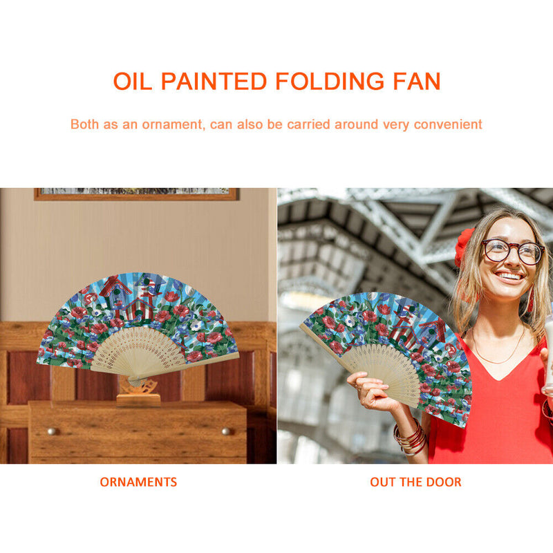 Oil Paint Folding Fan By Numbers DIY Bird Flower Painted Digital Oil Painting