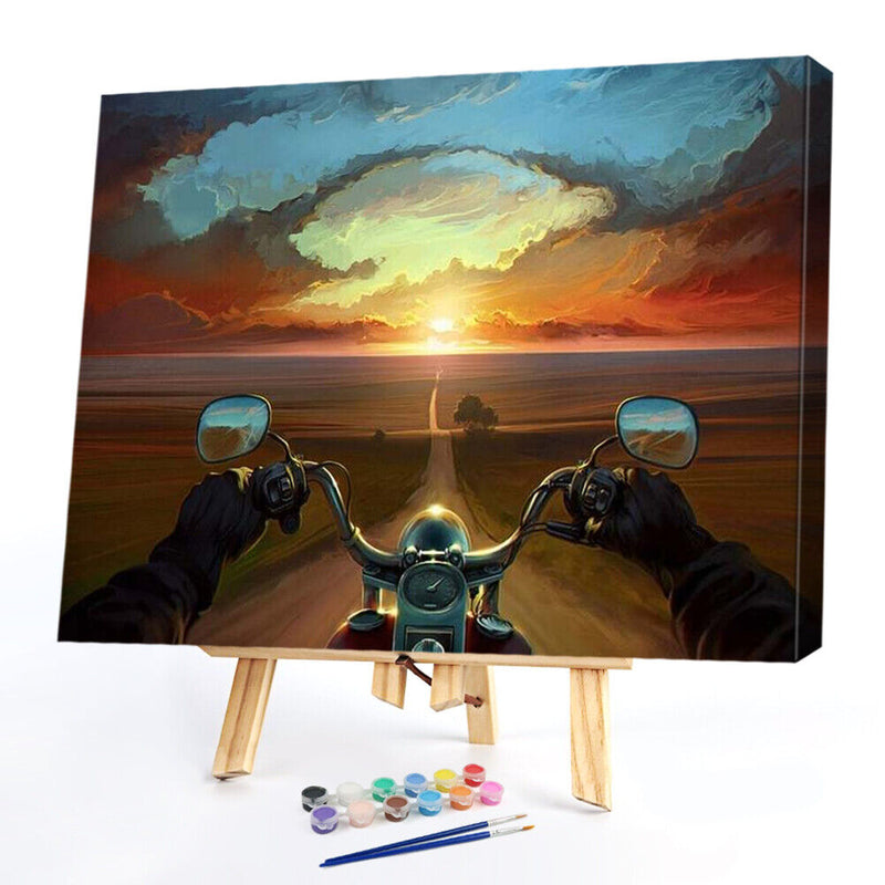 Frameless Oil Paint By Numbers Dusk Motorcycles DIY Canvas Picture Craft