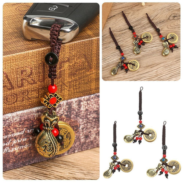 Emperors Coins Lucky Wealth Pendant Keyring Brass Chinese Money Bag Keychain
