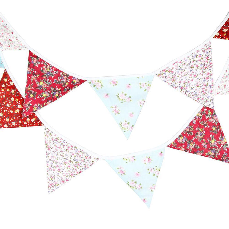 12 Flags Red Pink Blue Cotton Fabric Bunting Pennant Banner Birthday Party