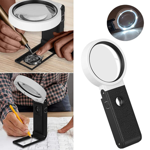 with LED Light and Stand Shatterproof Magnify Glass Handheld Foldable Magnifier