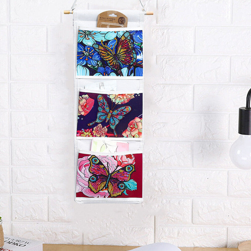 Butterfly Diamond Painting Wall Hanging Storage Bag 3 Pockets White (AA993)