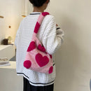 5pcs Retro Women Plush Leopard Love Shoulder Bag(Red Heart)