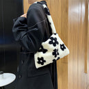 Women Flower Heart Printing Shoulder Bag Fashion Autumn Winter Plush Handbags