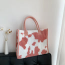 Women Leather Plush Print Handbag Winter Retro Large Capacity Tote Shopping Bags