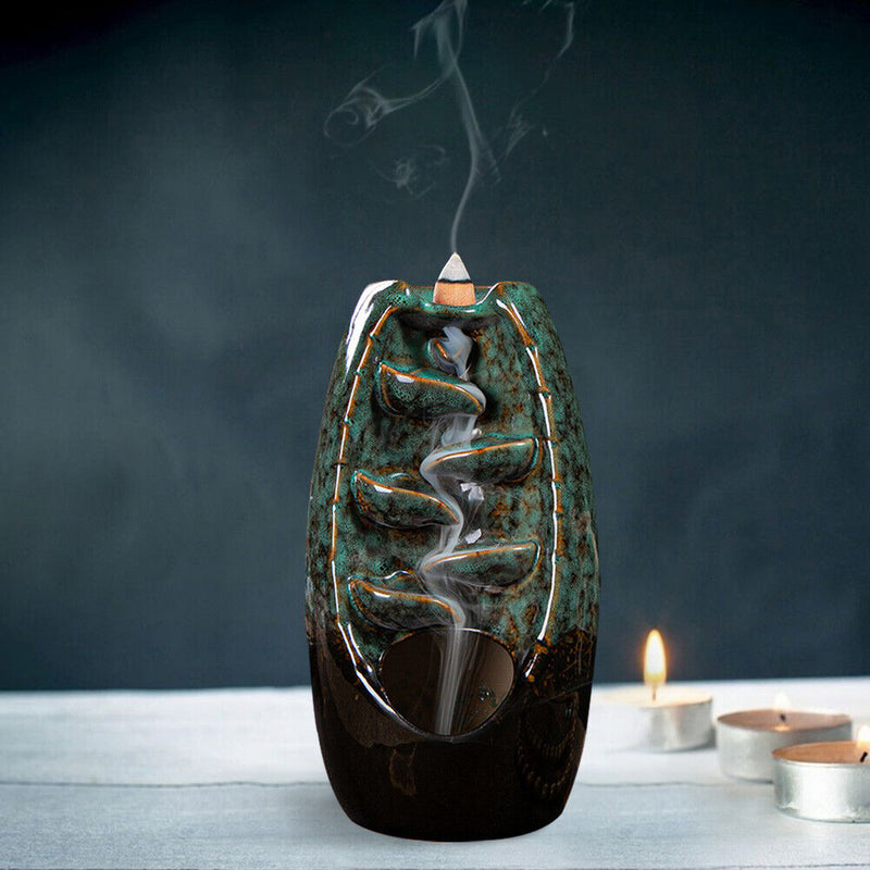 Incense Holder Ceramic Backflow Waterfall Incense Burner with 50 Cones (D) Newly