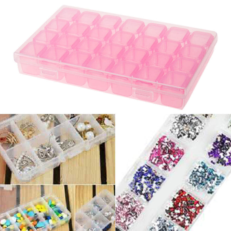 28 Slots Storage Box Nail Art Rhinestone Jewelry Display Case (Pink)