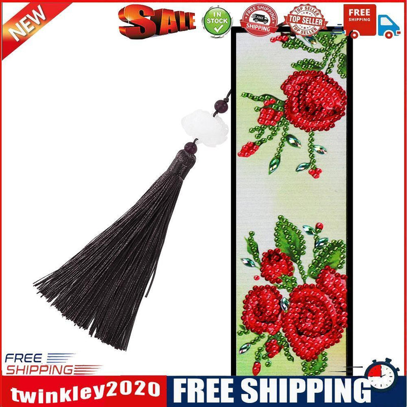 Tassel Red Flowers Leather DIY Special Shaped Diamond Painting Bookmark