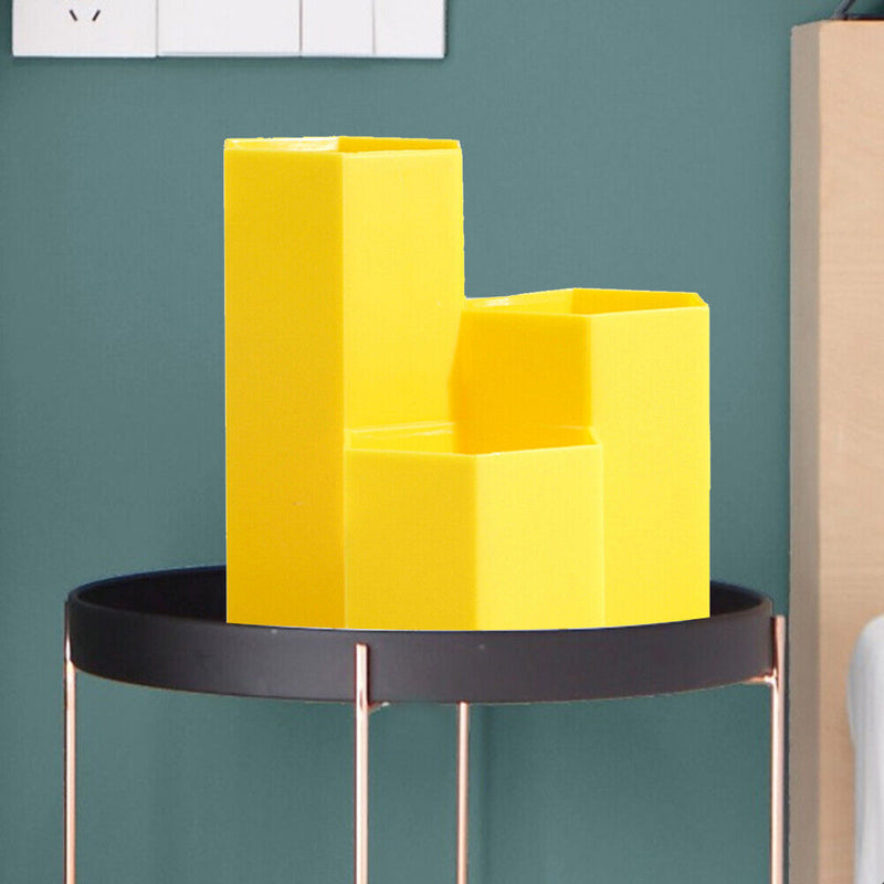 3 Lattices Makeup Brush Storage Box Cosmetics Pen Holder Organizer (Yellow)