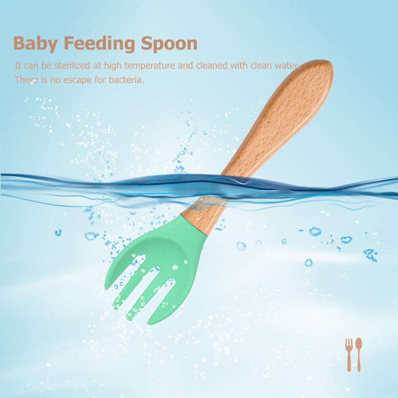 Baby Wooden Silicone Feeding Spoon Toddlers BPA-free Tableware (13) Newly