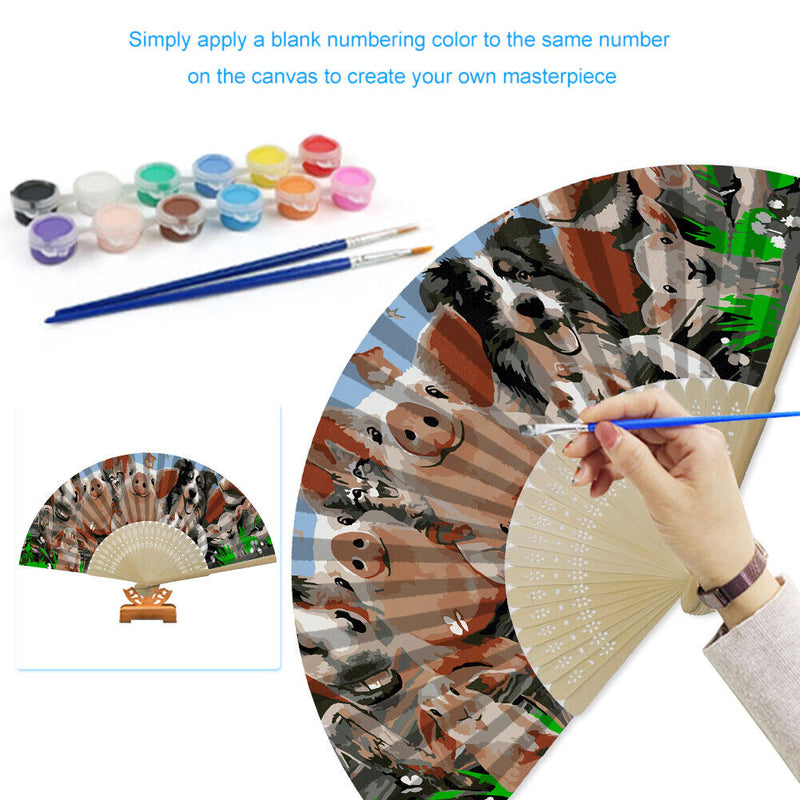 Farm Animal Oil Paint Folding Fan By Numbers DIY Painted Art Craft Handmade