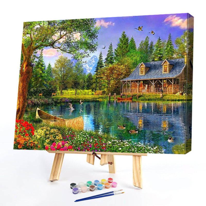 Painting By Numbers Kit DIY Lakeside Cottage Canvas Oil Art Picture Craft