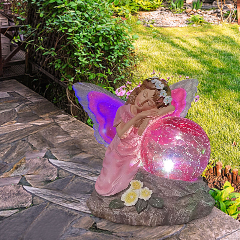 Garden Fairy Statue Waterproof Outdoor Sculpture with Solar Lights (Red) Newly