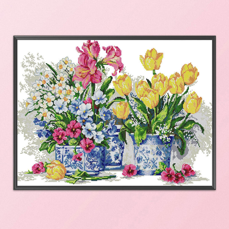 Full Cross Stitch 14CT Cotton Thread DIY Fresh Flowers Printed Embroidery Kits