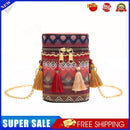 Woven Bucket Shoulder Bag Women Ethnic Tassel Chain Crossbody Bag (Red)