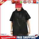 Fashion Women Bling Solid Short Sleeve Loose T-Shirts Long Tops (Black L)