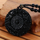 Women Black Reiki Dragon Phoenix Carved Obsidian Necklace Lucky Pendant BaGua