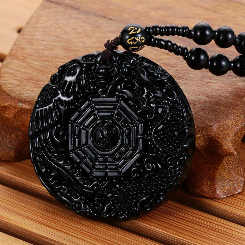 Women Black Reiki Dragon Phoenix Carved Obsidian Necklace Lucky Pendant BaGua