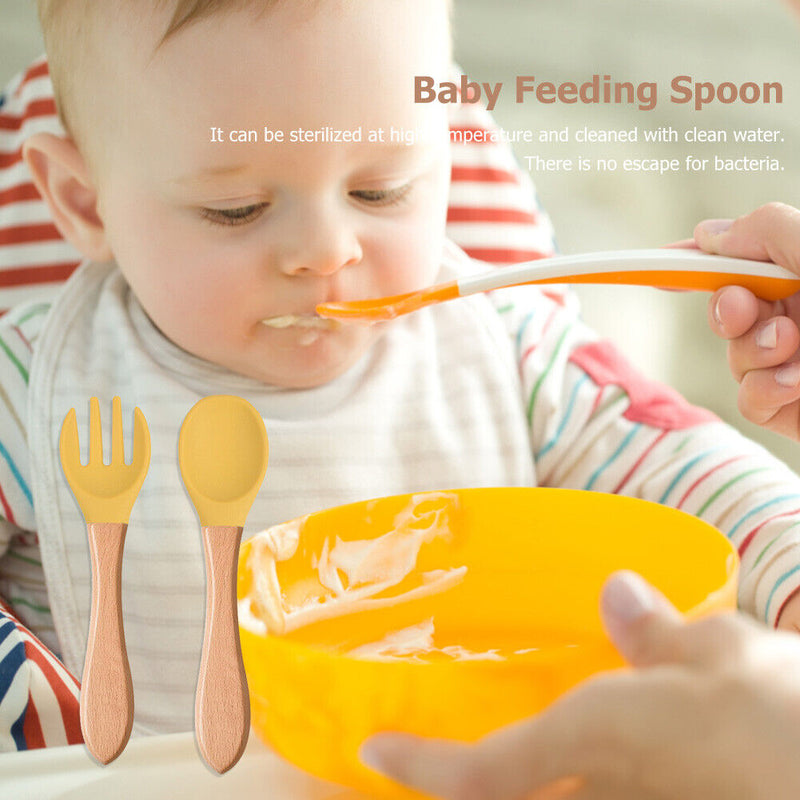 Baby Wooden Silicone Feeding Spoon Toddlers BPA-free Tableware (28) Newly