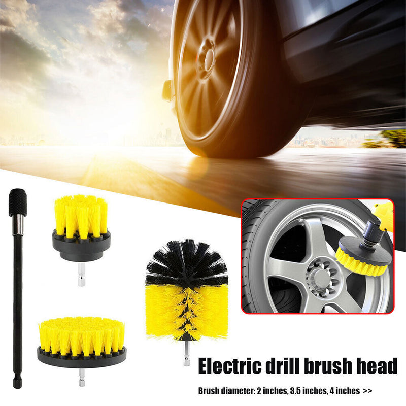 Drill Brush Attachment Set 2 3.5 4 inch Brushes + Extension Rod Kit Yellow Newly