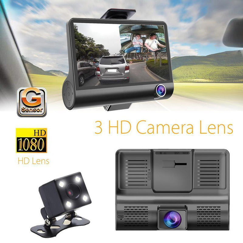 4 inches 1080P HD 170° 3 Lens Car DVR Dash G-sensor Recorder+Rearview Cam Newly
