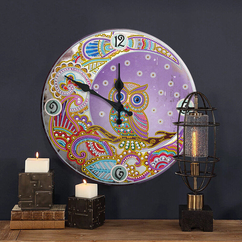 30 x 30cm Metal Tin Diamond Painting Clock DIY Owl Rhinestone Picture Wall Decor