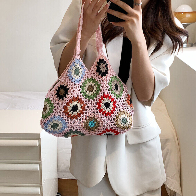 #A Hollow Crochet Women Shoulder Bag Knitting Tote Boho Summer Beach Floral Hand