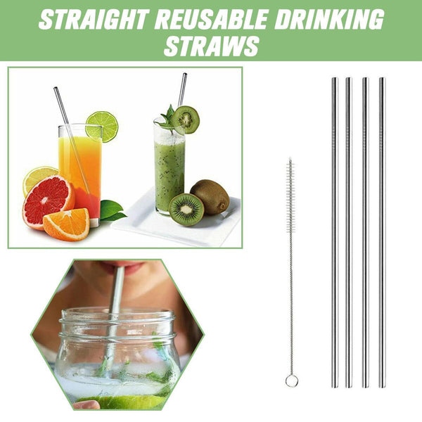 4X Straight Reusable Drinking Straws Steel Eco-Friendly w/ Brush`