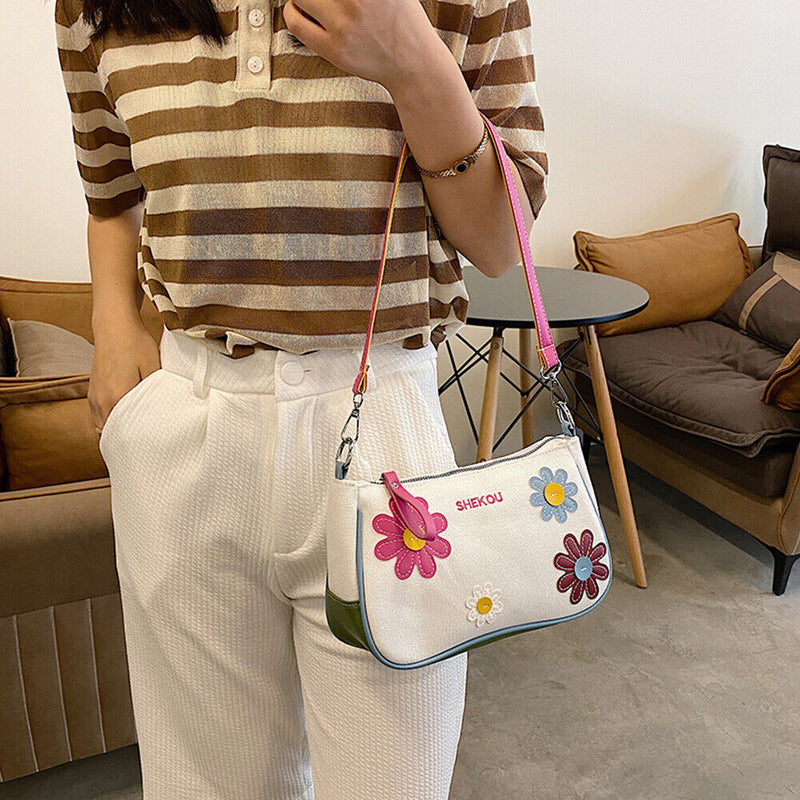 Fashion Women Flower Contrast Color Canvas Underarm Bag Casual Small Handbags