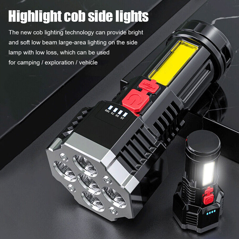 5xLED+COB Bead Strong Flashlight USB Rechargeable Portable Waterproof Torch