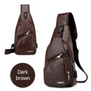 Leather Men Crossbody Chest Bag USB Charging Shoulder Packs (Dark Brown)