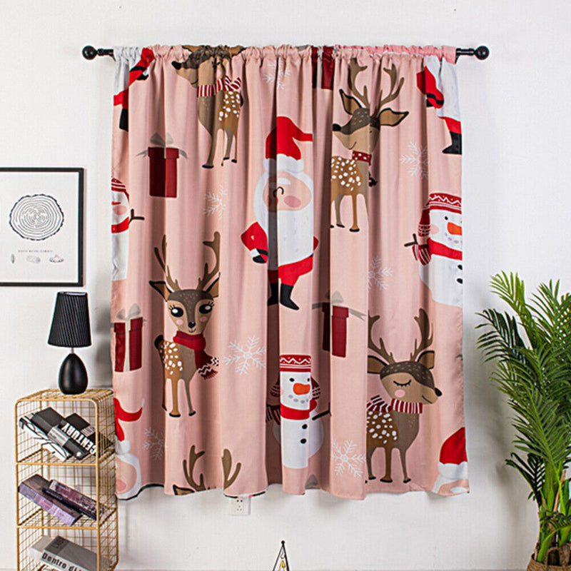 Window Curtain Pink Base Elk Santa Painting Polyester Room Christmas Decoration